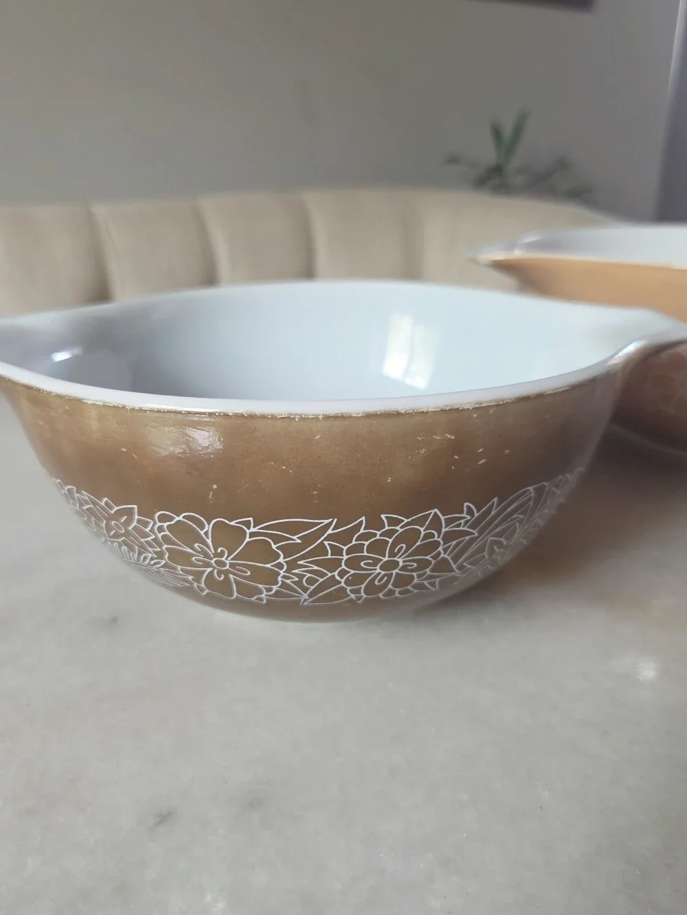 Vintage PYREX Woodland Tan Brown Cinderella Nesting Mixing Bowl Set #442 #443